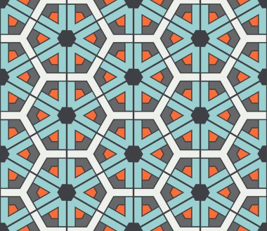 Soyut geometrik dikişsiz desen. Süslü geometrik arka plan. Mozaik, kuyruk. Paket kağıdı. Vektör illüstrasyonu.          