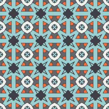 Soyut geometrik dikişsiz desen. Süslü geometrik arka plan. Mozaik, kuyruk. Paket kağıdı. Vektör illüstrasyonu.          