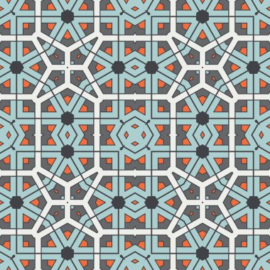 Soyut geometrik dikişsiz desen. Süslü geometrik arka plan. Mozaik, kuyruk. Paket kağıdı. Vektör illüstrasyonu.          