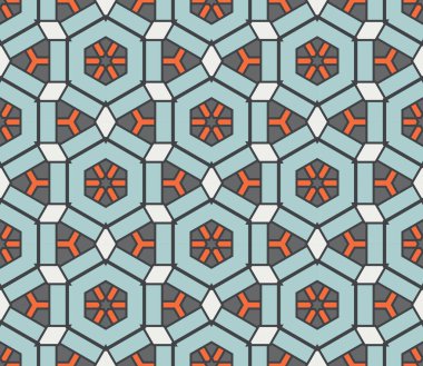 Soyut geometrik dikişsiz desen. Süslü geometrik arka plan. Mozaik, kuyruk. Paket kağıdı. Vektör illüstrasyonu.          