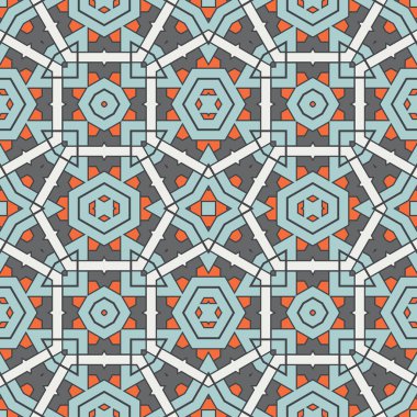 Soyut geometrik dikişsiz desen. Süslü geometrik arka plan. Mozaik, kuyruk. Paket kağıdı. Vektör illüstrasyonu.          