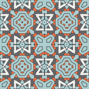 Soyut geometrik dikişsiz desen. Süslü geometrik arka plan. Mozaik, kuyruk. Paket kağıdı. Vektör illüstrasyonu.          