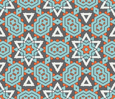 Soyut geometrik dikişsiz desen. Süslü geometrik arka plan. Mozaik, kuyruk. Paket kağıdı. Vektör illüstrasyonu.          