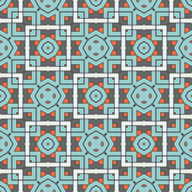 Soyut geometrik dikişsiz desen. Süslü geometrik arka plan. Mozaik, kuyruk. Paket kağıdı. Vektör illüstrasyonu.          