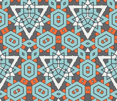 Soyut geometrik dikişsiz desen. Süslü geometrik arka plan. Mozaik, kuyruk. Paket kağıdı. Vektör illüstrasyonu.          