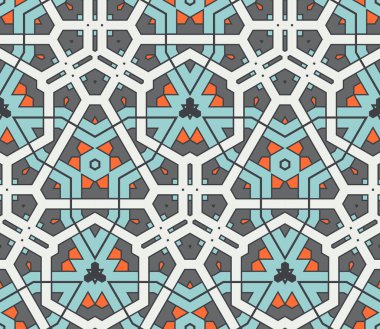 Soyut geometrik dikişsiz desen. Süslü geometrik arka plan. Mozaik, kuyruk. Paket kağıdı. Vektör illüstrasyonu.          