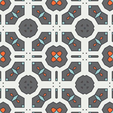 Soyut geometrik dikişsiz desen. Süslü geometrik arka plan. Mozaik, kuyruk. Paket kağıdı. Vektör illüstrasyonu.          