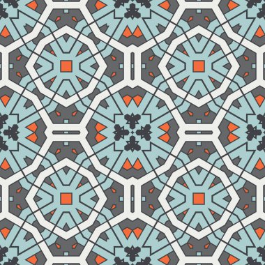 Soyut geometrik dikişsiz desen. Süslü geometrik arka plan. Mozaik, kuyruk. Paket kağıdı. Vektör illüstrasyonu.          