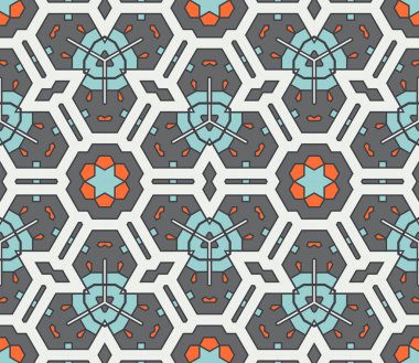 Soyut geometrik dikişsiz desen. Süslü geometrik arka plan. Mozaik, kuyruk. Paket kağıdı. Vektör illüstrasyonu.          