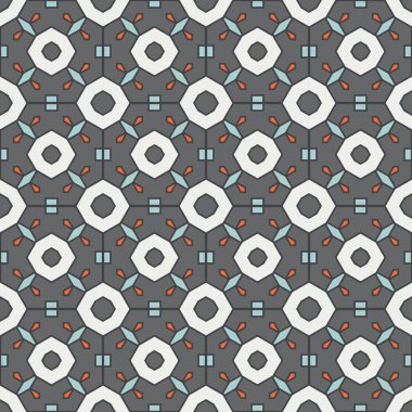 Soyut geometrik dikişsiz desen. Süslü geometrik arka plan. Mozaik, kuyruk. Paket kağıdı. Vektör illüstrasyonu.          