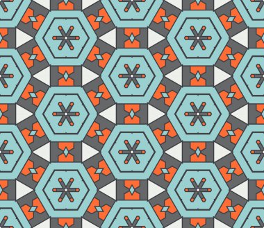 Soyut geometrik dikişsiz desen. Süslü geometrik arka plan. Mozaik, kuyruk. Paket kağıdı. Vektör illüstrasyonu.          