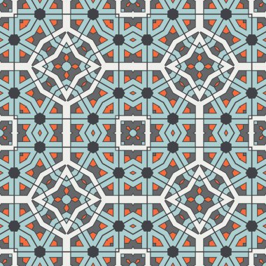 Soyut geometrik dikişsiz desen. Süslü geometrik arka plan. Mozaik, kuyruk. Paket kağıdı. Vektör illüstrasyonu.          