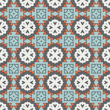 Soyut geometrik dikişsiz desen. Süslü geometrik arka plan. Mozaik, kuyruk. Paket kağıdı. Vektör illüstrasyonu.          