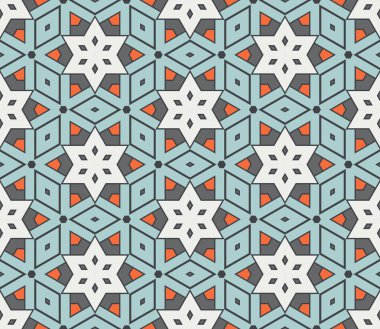 Soyut geometrik dikişsiz desen. Süslü geometrik arka plan. Mozaik, kuyruk. Paket kağıdı. Vektör illüstrasyonu.          