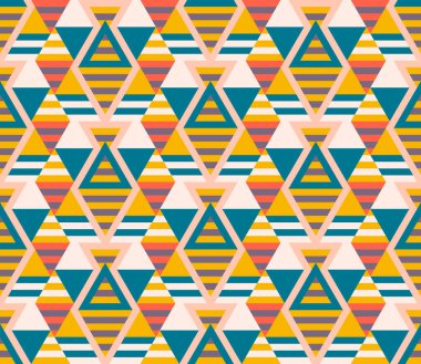 Farklı şekillere sahip soyut geometrik dikişsiz desen. Üçgenler, eşkenarlar, çizgiler. Vektör illüstrasyonu. 