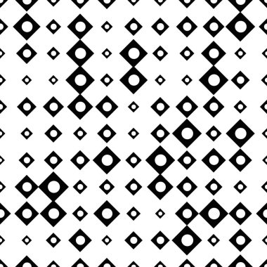 Yarım tonluk grunge kareler ve noktalarla siyah ve beyaz desenli. Noktalı doku. Yarım ton arkaplan. Yuvarlak şeklin soyut geometrisi. Ekran baskısı. Vektör illüstrasyonu.