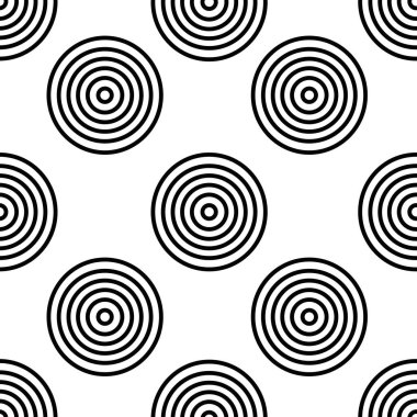 Beyaz zemin üzerinde tek renkli ince eşmerkezli daireler olan soyut, dikişsiz desen. İnce çizgilerden oluşan eşmerkezli halkaları olan soyut yuvarlak, pürüzsüz bir desen. Vektör illüstrasyonu.