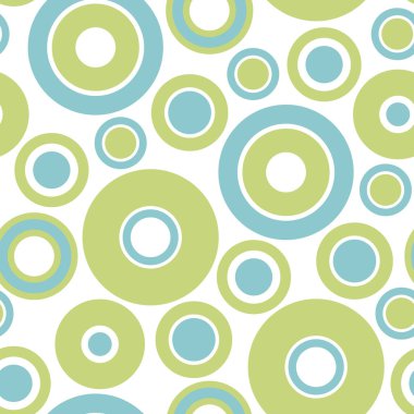 Rastgele çemberlerin ve halkaların yuvarlak ve kusursuz deseni. Noktalı, pürüzsüz arka plan, desen, süs. Vektör illüstrasyonu.