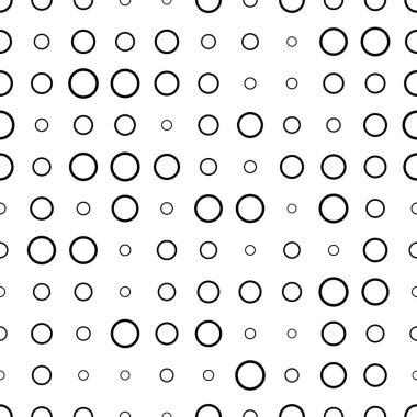 Yarım tonluk halkaları ve noktalarıyla siyah ve beyaz desenli. Noktalı doku. Yuvarlak şekilli soyut geometrik desen. Ekran baskısı. Vektör illüstrasyonu. 