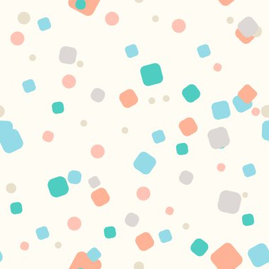 Pastel dağınık yuvarlak dikdörtgenler ve krema arka planında noktalar. Turuncu, pembe, mavi, gri, yeşil yuvarlak şekilli şenliksiz desen. Grunge noktalı dokusu. Vektör illüstrasyonu.