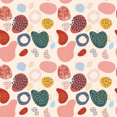 Renkli Memphis tarzı dağınık soyut, pürüzlü yuvarlak lekeler, lekeler, pastel arka planda geometrik şekiller. Vektör illüstrasyonu. 