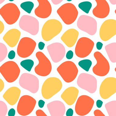 Düz olmayan yuvarlak lekeleri, lekeleri, geometrik şekilleri ve arka planı olan renkli, soyut, pürüzsüz bir desen. Vektör illüstrasyonu.   