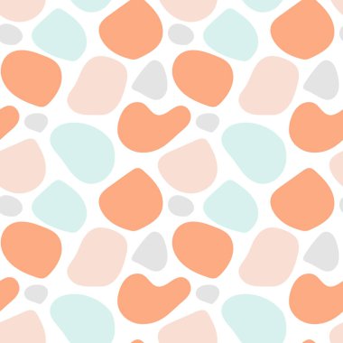 Düz olmayan yuvarlak lekeleri, lekeleri, geometrik şekilleri ve arka planı olan renkli, soyut, pürüzsüz bir desen. Vektör illüstrasyonu.   