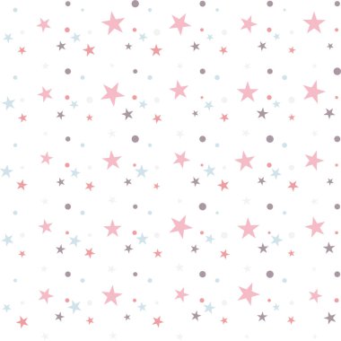 Renkli, kusursuz bir şenlik düzeni, soyut bir arka plan, daireler ve beyaz üzerine yıldızlar. Sonsuz konfeti geometrik desen. Paket kağıdı. Vektör illüstrasyonu. 