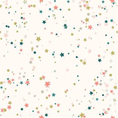 Renkli kaotik küçük daireler ve bej üzerine yıldızlar olan soyut, pürüzsüz desenler. Sonsuz geometrik desen. Vektör illüstrasyonu.     