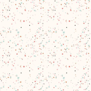 Renkli kaotik küçük daireler ve bej üzerine yıldızlar olan soyut, pürüzsüz desenler. Sonsuz geometrik desen. Vektör illüstrasyonu.     