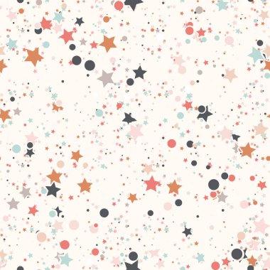 Renkli kaotik küçük daireler ve bej üzerine yıldızlar olan soyut, pürüzsüz desenler. Sonsuz geometrik desen. Vektör illüstrasyonu.     