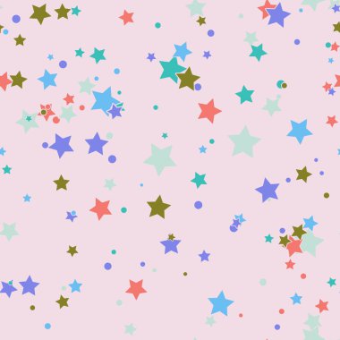 Karikatür gibi renkli, kaotik yıldızlı ve noktalı kusursuz desenler. Konfeti ambalaj kağıdı. Dağınık geometrik sonsuzluk arka planı. Vektör illüstrasyonu. 