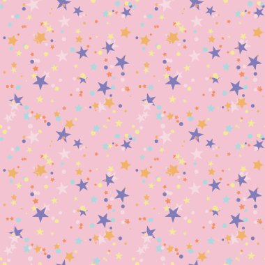 Renkli, kusursuz bir şenlik, soyut bir arka plan, daireler ve yıldızlar. Sonsuz konfeti geometrik ambalaj kağıdı. Vektör illüstrasyonu.  