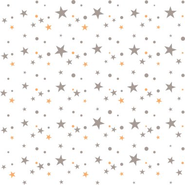 Renkli kaotik küçük daireler ve beyaz üzerine yıldızlar olan soyut, pürüzsüz, şirin bir desen. Sonsuz geometrik desen. Vektör illüstrasyonu.