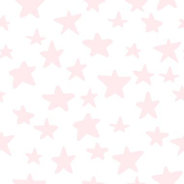 Beyaz arka planda sevimli pastel, pembe elli, kusursuz desen çizilmiş küçük yıldızlar. Karmaşık ambalaj kağıdı, duvar kağıdı, arka plan. Vektör illüstrasyonu.
