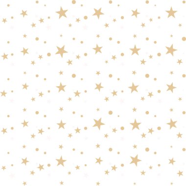 Renkli altın renginde dağınık yıldızlar, beyaz benekli küçük noktalar, farklı şekillerde şenlikli, kusursuz desenler. Soyut konfeti kaotik geometrik. Geometrik arkaplan. Vektör illüstrasyonu.