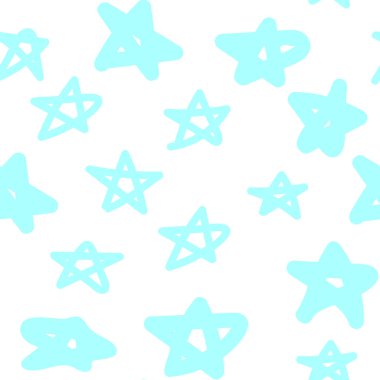 Beyaz arka planda elle çizilmiş turkuaz yıldızlı şirin, pürüzsüz desen. Mavi gökyüzü arka planı. Vektör illüstrasyonu.