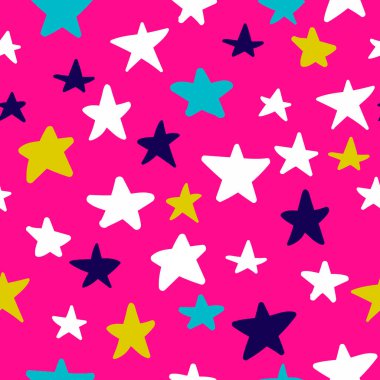 Pembe arka planda el çizimi yıldızlı kusursuz desen. Gökyüzü arka planı. Vektör illüstrasyonu.