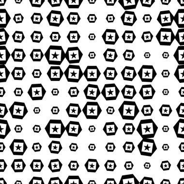 Yıldızlı, altıgenli, kare geometrik şekilli soyut dağınık yarım tonlu kusursuz desen. Vektör illüstrasyonu.      