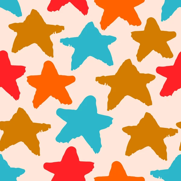 Buntes Nahtloses Muster Mit Handgezeichneten Sternen Auf Pastellrosa Hintergrund Himmel — Stockvektor