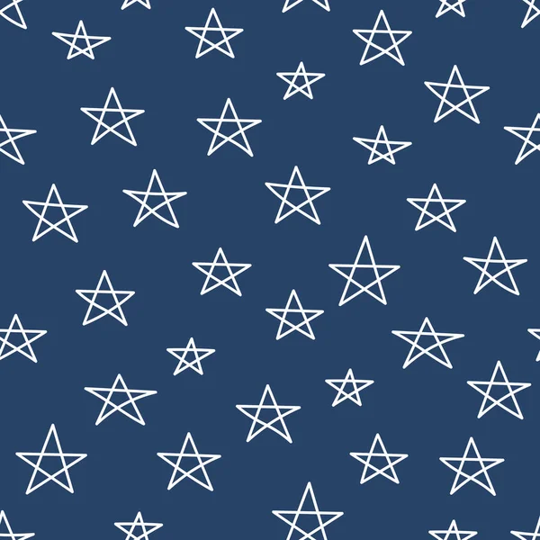Seamless Pattern Cute Linear Hand Drawn White Stars Navy Blue — Stock Vector
