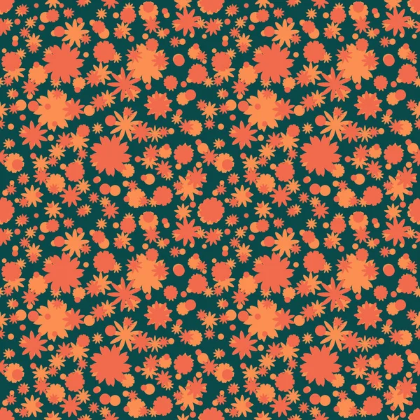 Nahtloses Muster Mit Orangen Roten Ditsy Blüten Punkten Auf Dunkelgrünem — Stockvektor