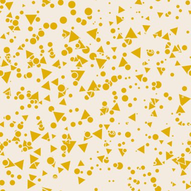 Kaotik küçük daireleri olan soyut, dikişsiz desen, bej üzerine üçgenler. Sonsuz dağınık geometrik desen. Memphis tarzı. Vektör illüstrasyonu. 