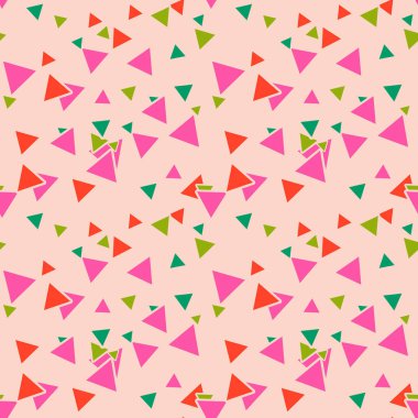 Renkli pembe, yeşil, turuncu rastgele üçgenler ve pastel pembe arkaplan üzerinde üçgen geometrik dikişsiz desen. Sonsuz kart. Vektör illüstrasyonu.
