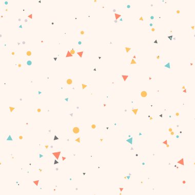 Renkli mavi, gri, sarı, turuncu kaotik küçük daireler ve bej üzerinde üçgenler olan soyut, pürüzsüz desenler. Sonsuz geometrik desen. Vektör illüstrasyonu.  