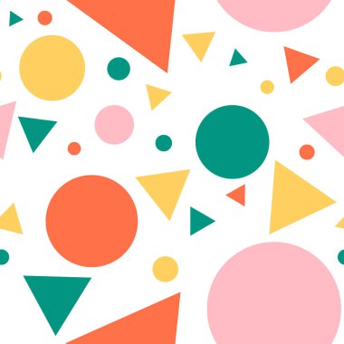 Renkli yeşil, pembe, turuncu, sarı kaotik daireler ve beyaz üzerinde üçgenler olan soyut, pürüzsüz desenler. Sonsuz geometrik desen. Vektör illüstrasyonu.  