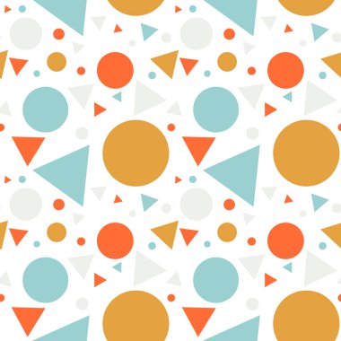 Renkli altın, turuncu, mavi, gri kaotik daireler, beyaz üzerinde noktalar ve üçgenler olan soyut, pürüzsüz desenler. Sonsuz geometrik arka plan. Vektör illüstrasyonu.  