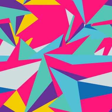 Renkli kaotik üçgenleri ve çokgenleri olan soyut, pürüzsüz desenler. Sonsuz üçgen dağınık geometrik desen. Vektör illüstrasyonu.     