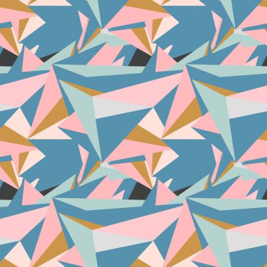 Renkli kaotik üçgenleri ve çokgenleri olan soyut, pürüzsüz desenler. Sonsuz üçgen dağınık geometrik desen. Vektör illüstrasyonu.     