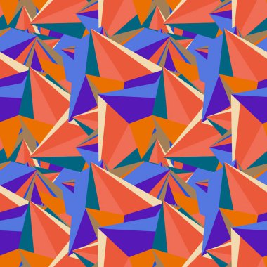 Renkli kaotik üçgenleri ve çokgenleri olan soyut, pürüzsüz desenler. Sonsuz üçgen dağınık geometrik desen. Vektör illüstrasyonu.     